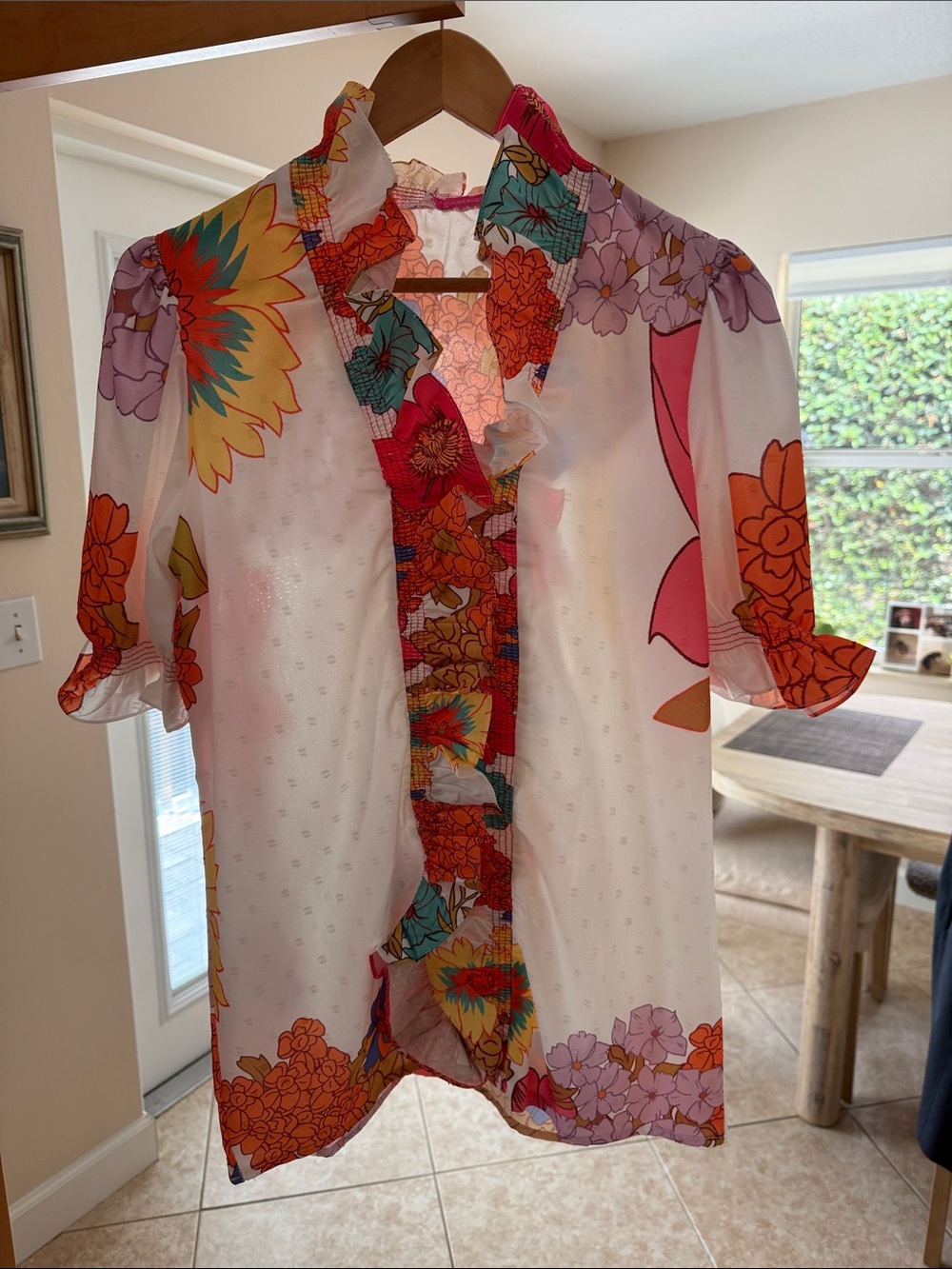 Floral Ruffle-Trim Blouse - White with Multicolor Floral Print